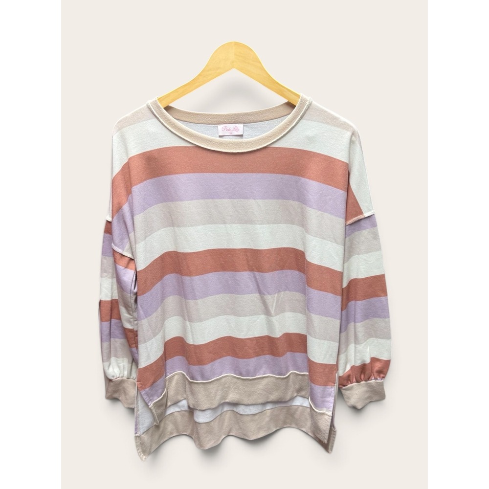 Pink Lily Striped Sweatshirt Small Mauve Cream Tan French Terry Pullover Top